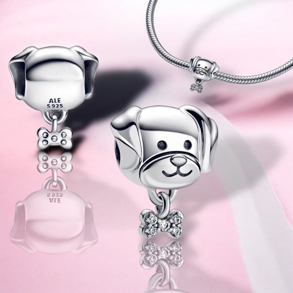 Like New 🩶 Pandora Sterling Silver Pet Dog & Bone Charm With CZ